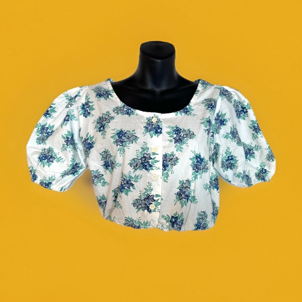 VTG Bonjour Women's Cropped Blouse S Green Blue Floral Cottage Prairie Retro
